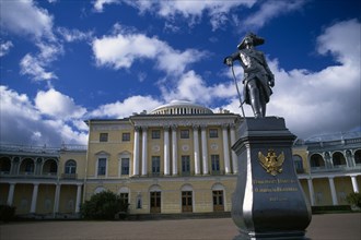 RUSSIA, Pavlosk, "Pavlosk Palace.  Courtyard with statue of Paul I, Emperor of Russia 1796-1801."