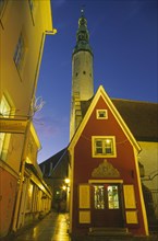 ESTONIA, Tallinn, Street and  traditional architecture at night.
