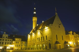 ESTONIA, Tallinn, Raekoja Plats.  Exterior of the town hall illuminated at night.