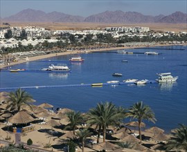 EGYPT, Red Sea Coast, Sharm el-Sheikh, "Naama Bay.  View over bay with jettys leading to tourist