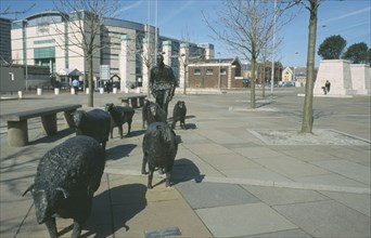 IRELAND, North, Belfast, "Shepherd and Sheep sculpture by artist Deborah Brown, in the grounds of