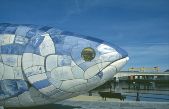 IRELAND, North, Belfast, Sculpture of fish next to Lagan Weir footbridge. Designs use Lasertran