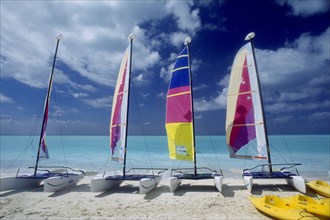 WEST INDIES, Antigua, Jolly Beach, Line of hobiecats with brightly coloured sails on sandy beach.