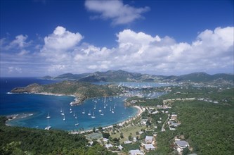 WEST INDIES, Antigua, English Harbour, View over harbour and surrounding area with scattered