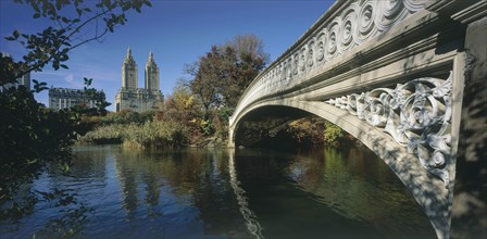 USA, New York , Manhattan, "Central Park, Bow Bridge.  View along side of cast iron bridge across