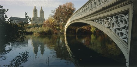 USA, New York , Manhattan, "Central Park, Bow Bridge.  View along side of cast iron bridge across