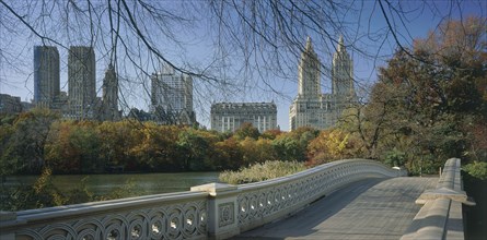 USA, New York State, New York, "Central Park, Bow Bridge.  View over cast iron bridge across lake