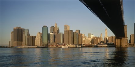 USA, New York State, New York, "Lower Manhattan.  Post September 11 skyline from Brooklyn in warm,