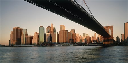 USA, New York State, New York, Lower Manhattan.  Post September 11 skyline from Brooklyn in evening