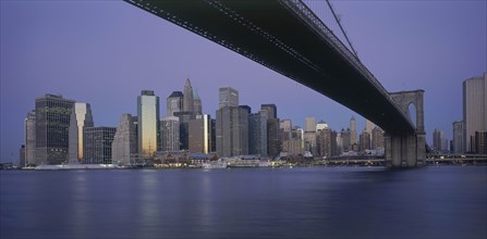 USA, New York State, New York, Lower Manhattan.  Post September 11 skyline from Brooklyn at dusk