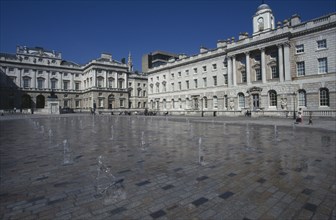ENGLAND, London, Somerset House and courtyard with rows of small fountains spouting from the ground