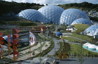 ENGLAND, Cornwall, St. Austell, Eden Project.  General view over the Humid tropics Biome exterior
