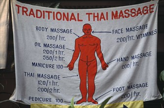 THAILAND, North, Chiang Mai, Traditional Thai massage banner with prices for various massages