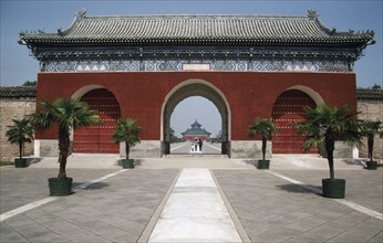 CHINA, Hebei, Beijing, Temple Of Heaven entrance gateway with the temple in the distance