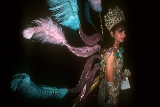 PUERTO RICO, San Juan, Contestant in Miss Puerto Rico beauty contest wearing exotic costume.