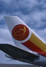 TRANSPORT, Air, Plane Details, "Air Jamaica A.300 Airbus at Gatwick Airport, detail of tail fin."