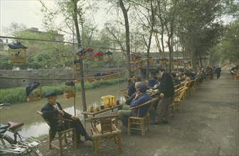 CHINA, Sichuan, Chengdu, Caged songbirds hanging over outdoor tables and chairs of a tea house.