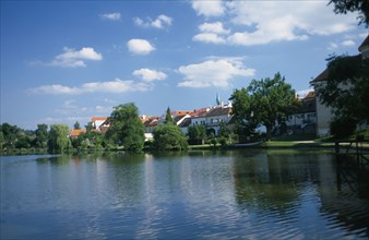 CZECH REPUBLIC, South Moravia, Telc, View over ponds surrounding the town.