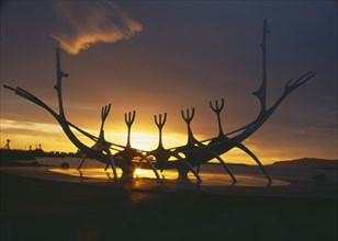ICELAND, Reykjavik, Sun Voyager or Solfar. 1971 steel Viking ship sculpture by Jon Gunnar Arnason