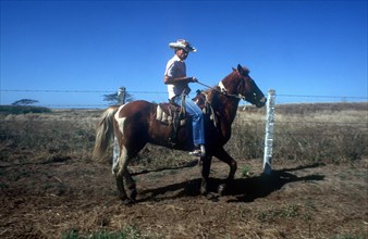 CUBA, Camaguey, Cattle worker on horseback riding past a wire fence