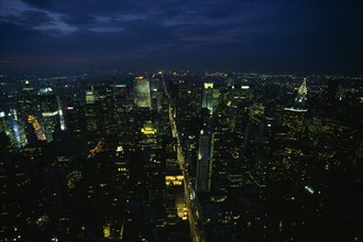 USA, New York , New York City, View over Mid Manhattan and the Chrysler building illuminated at