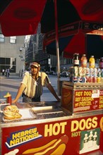 USA, New York, New York City, Hot Dog stall and vendor