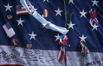 USA, New York, New York City, Close up detail of September 11th memorial with decorated stars and