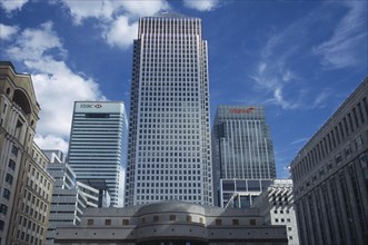 ENGLAND, London, "Canary Wharf, view looking up at the tower and surrounding architecture "