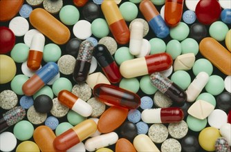 HEALTH, Pharmaceuticals, Close up shot of multicoloured pills