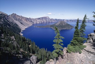 USA, Oregon, Crater Lake National Park, View over water filled crater formed after the erruption of