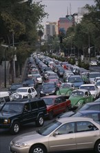 MEXICO, Mexico City, "Traffic congestion on Paseo de La Reforma, long tailback of cars and taxis."