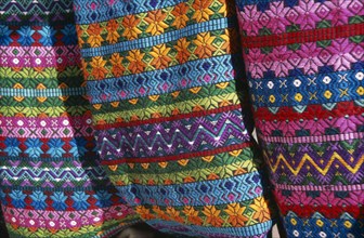 MEXICO, Chiapas, San Cristobal de Las Caras, "Close view of contrasting, multi coloured pattern