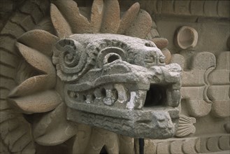 MEXICO, Teotihuacán, Temple of Quetzalcoatl.  Detail of carved head of plumed serpent.
