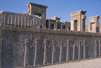 IRAN, South, Persepolis, Fifth century BC Archaemenid palace complex. Xerxes Palace wall with stone