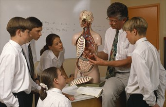 EDUCATION, Secondary School, Science, Male and female pupils being shown a model of the human body
