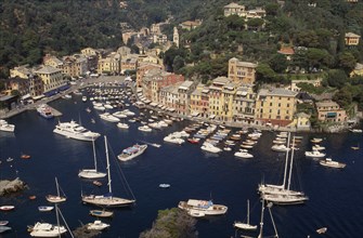 ITALY, Liguria, Portofino, Aerial view over harbour with moored yachts and pastel coloured town