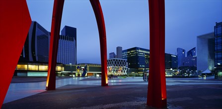 FRANCE, Ile de France, Paris, La Defense.  Alexander Calders red iron stabile sculpture.  Part view