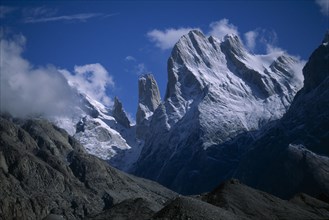 PAKISTAN, Karakoram Range, Trango Towers mountain peak and Balforo Glacier.