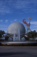 USA, Florida, Orlando, Walt Disney World Epcot. View of the Spaceship Earth with sparkling red