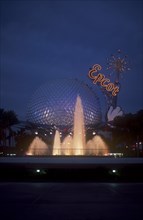 USA, Florida, Orlando, Walt Disney World Epcot. View of the Spaceship Earth with  Epcot sign and