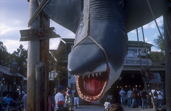 USA, Florida, Orlando, Universal Studios. View of open mouthed Jaws sculpture photopoint.