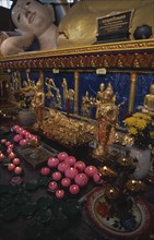 MALAYSIA, Penang, Georgetown, Wat Chayamangkalaram.  Interior.  Part view of  reclining Buddha