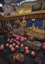 MALAYSIA, Penang, Georgetown, Wat Chayamangkalaram.  Interior.  Part view of  reclining Buddha