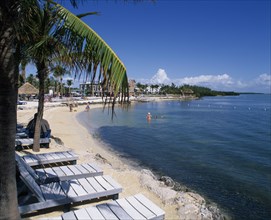 USA, Florida  , Islamorada, Beach View over loungers on beach