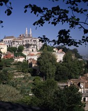 PORTUGAL, Estremadura, Sintra, Royal Palace on hilltop framed by tree branch with twin chimneys