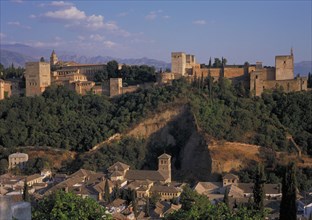 SPAIN, Andalucia, Granada, The Alhambra with mountains in the distance
