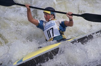 10001997 SPORT Water Canoing Canoeist taking part in Slalom in Holm Pierre Point in Nottingham  England