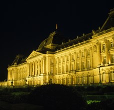 BELGIUM, Brabant, Brussels, The Royal Palace frontage illuminated at night