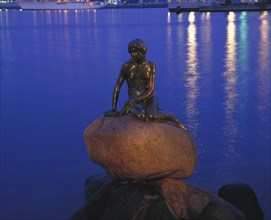 DENMARK, Zealand, Copenhagen, The Little Mermaid statue at night with lights reflected in the water