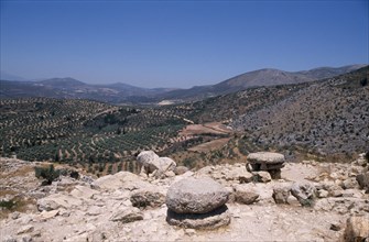 GREECE, Peloponesse, Mycenae, View over countryside from Royal Palace ruins